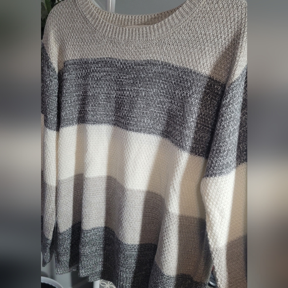 Zenana Striped Scoop Neck Sweater Balloon Sleeves Sz Large